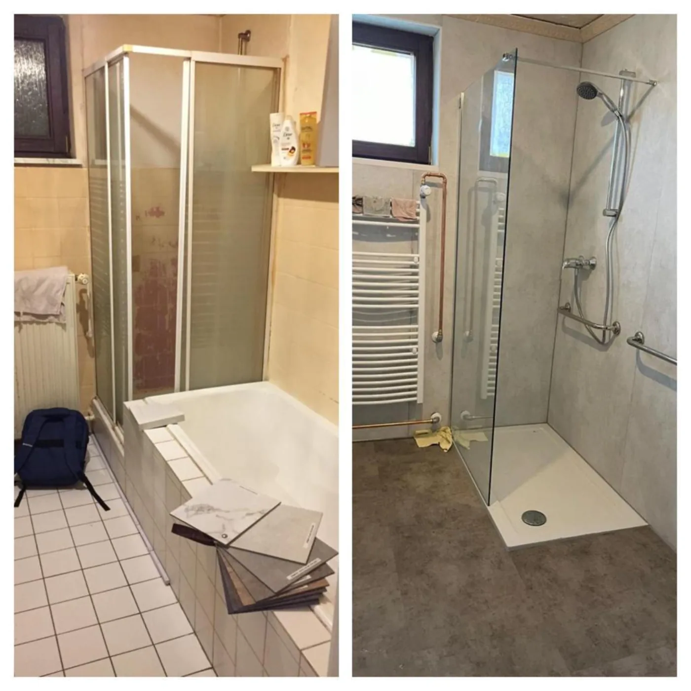Vorher-Nachher: alte Duschkabine und Badewanne werden zur Walk-in-Dusche