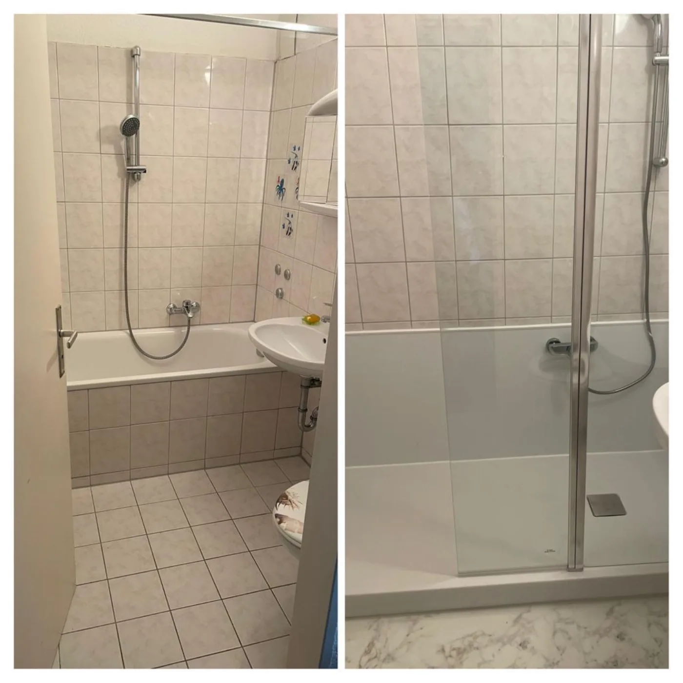 Vorher-Nachher: kleine Badewanne wird zu niedriger Dusche