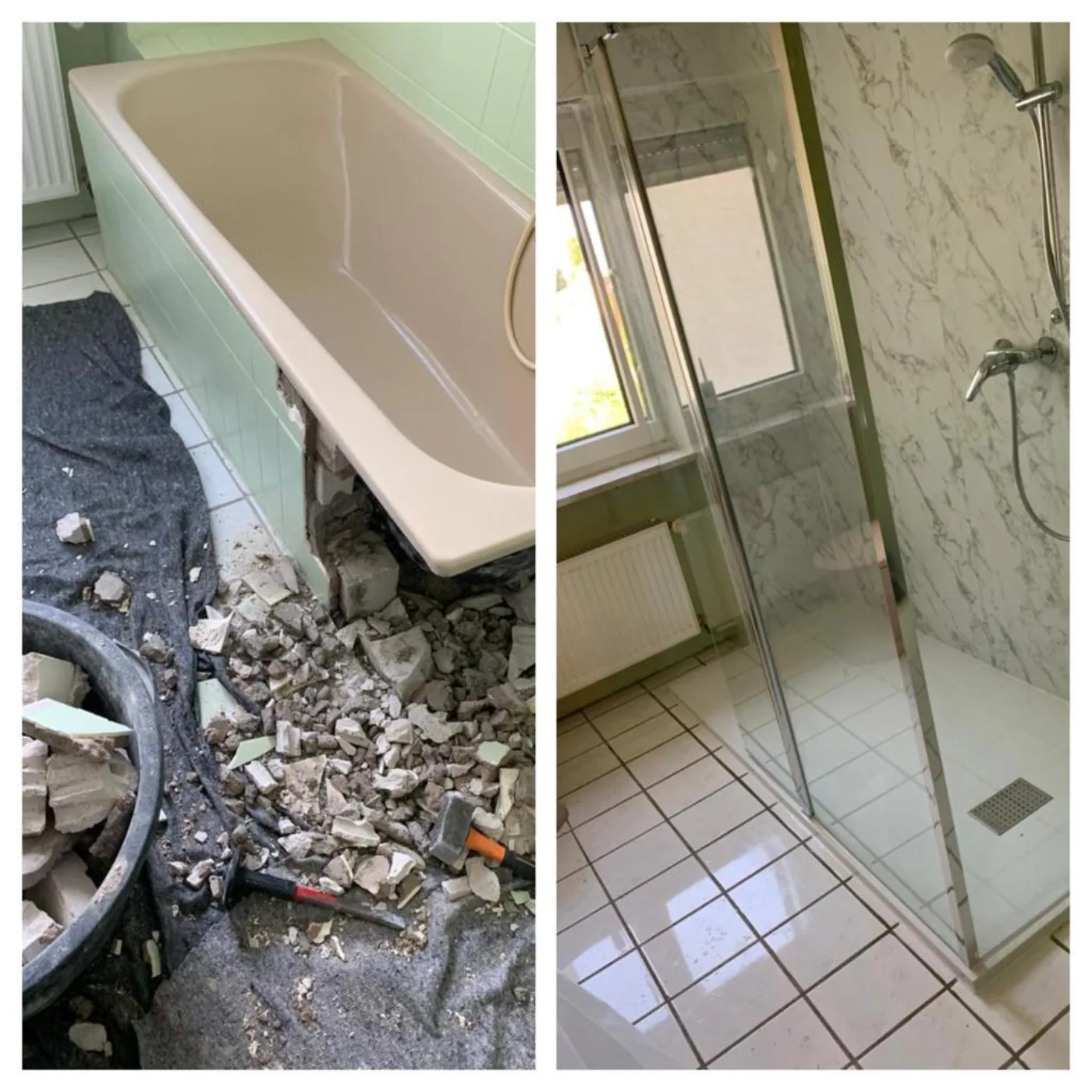 Vorher-Nachher mit Umbauphase und fertiger Dusche in Marmoroptik