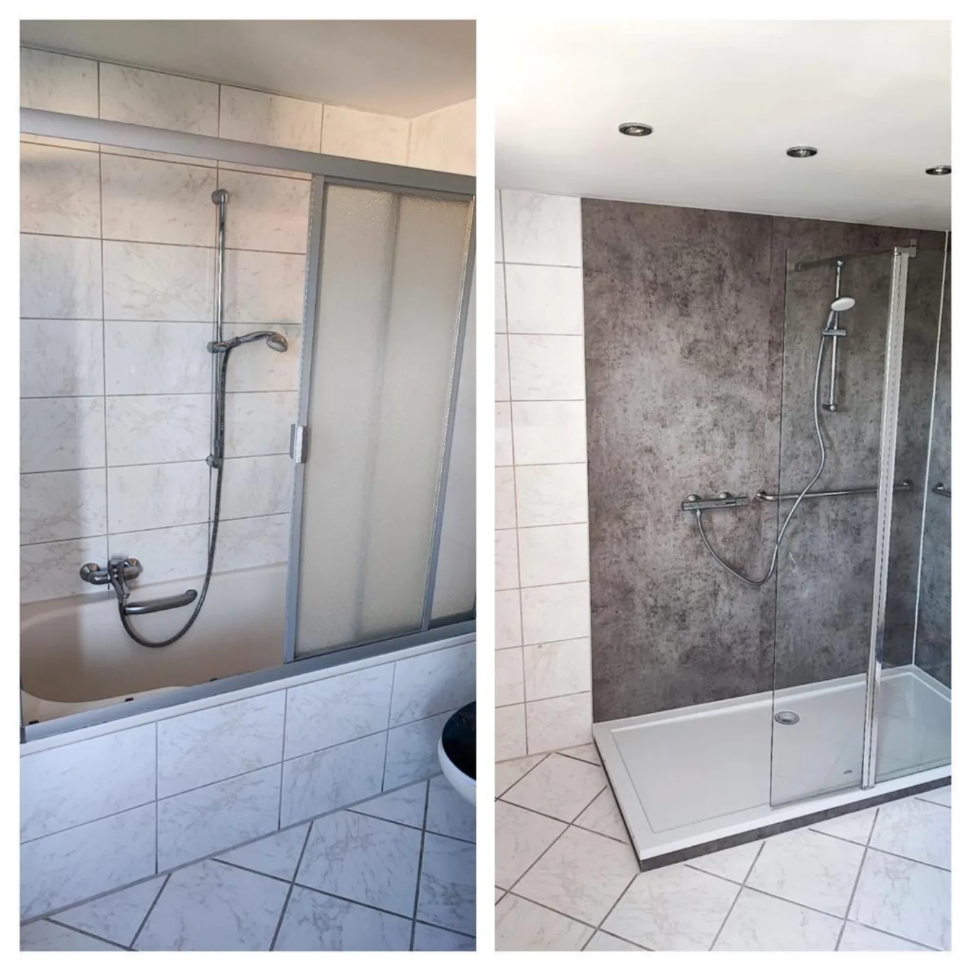 Vorher-Nachher: Badewanne wird zu einer Dusche mit grauer Wandfläche